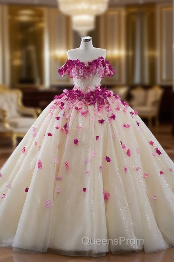 Champagne Tulle Off the Shoulder 3D Flower Beading Evening Prom Dress