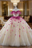 Champagne Tulle Off the Shoulder 3D Flower Beading Evening Prom Dress