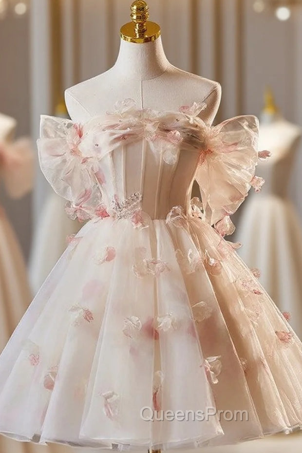 Champagne Tulle Off the Shoulder 3D Flower Homecoming Dress Main image