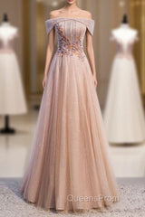 Champagne Tulle Off the Shoulder Beading Evening Prom Dress