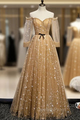 Champagne Tulle Off the Shoulder Embroidery Long Sleeve Evening Prom Dress