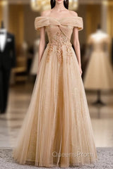 Champagne Tulle Off the Shoulder Embroidery Off the Shoulder Evening Prom Dress