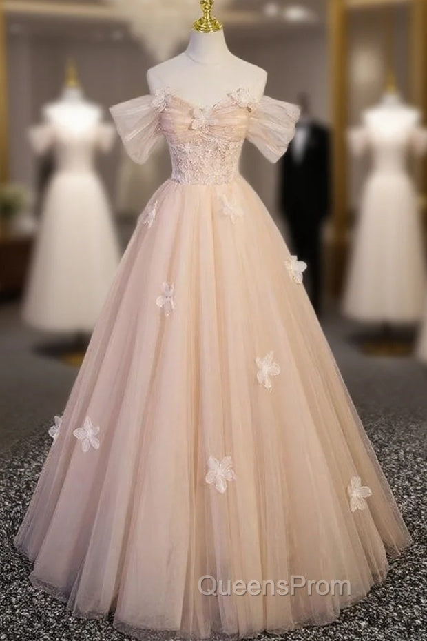 Champagne Tulle Off the Shoulder Flower Evening Prom Dress