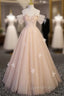Champagne Tulle Off the Shoulder Flower Evening Prom Dress