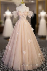 Champagne Tulle Off the Shoulder Flower Evening Prom Dress