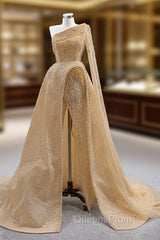 Champagne Tulle One Shoulder Pearls Evening Prom Dress