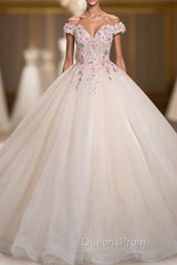 Champagne Tulle Pink Sequins Off the Shoulder Quinceanera Dress