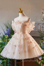 Champagne Tulle Print Knee Length Evening Prom Dress, Lovely Off the Shoulder Backless Party Dress
