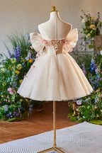 Champagne Tulle Print Knee Length Evening Prom Dress, Lovely Off the Shoulder Backless Party Dress