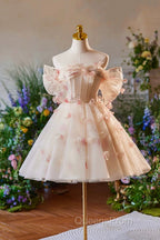 Champagne Tulle Print Knee Length Evening Prom Dress, Lovely Off the Shoulder Backless Party Dress