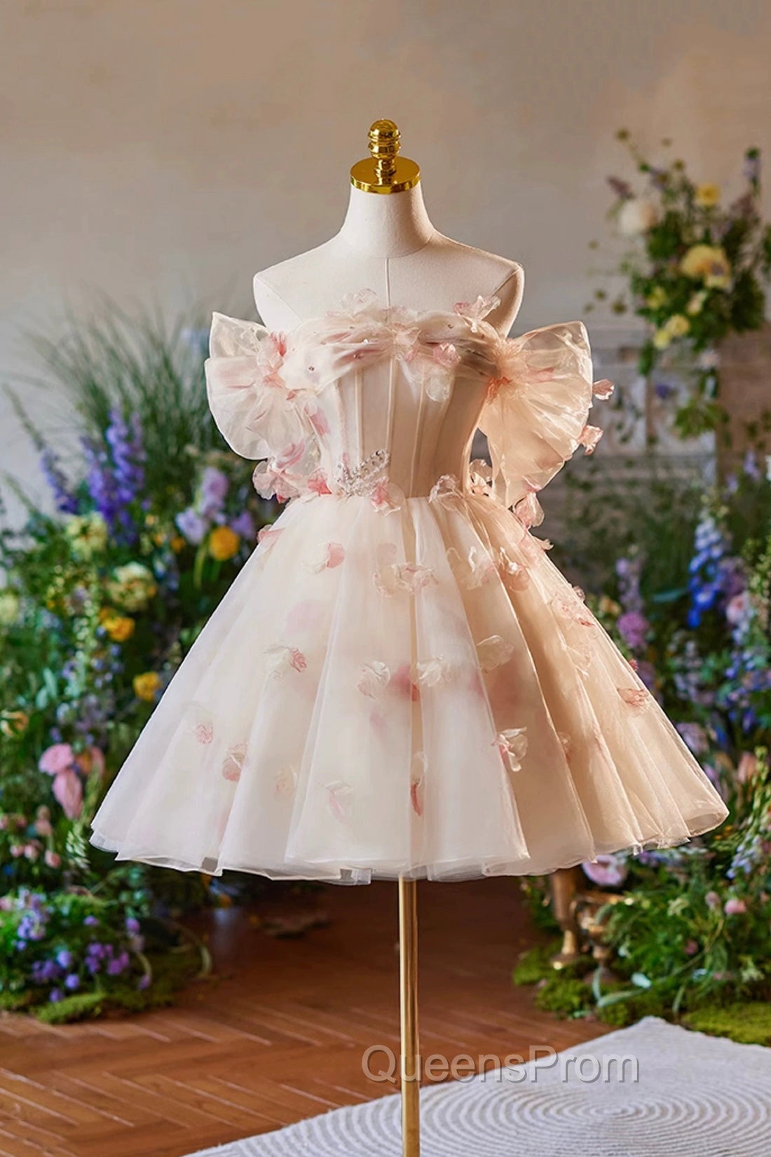 Champagne Tulle Print Knee Length Evening Prom Dress, Lovely Off the Shoulder Backless Party Dress