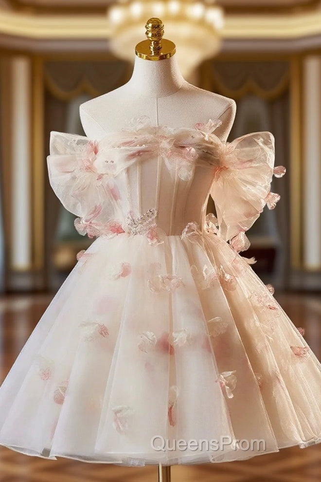 Champagne Tulle Print Knee Length Evening Prom Dress, Lovely Off the Shoulder Backless Party Dress Main image