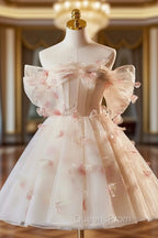 Champagne Tulle Print Knee Length Evening Prom Dress, Lovely Off the Shoulder Backless Party Dress