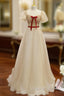 Champagne Tulle Puff Sleeve Evening Prom Dress With Red Bow