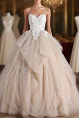 Champagne Tulle Ruffles Long Backless Lace Appliques Quinceanera Dress