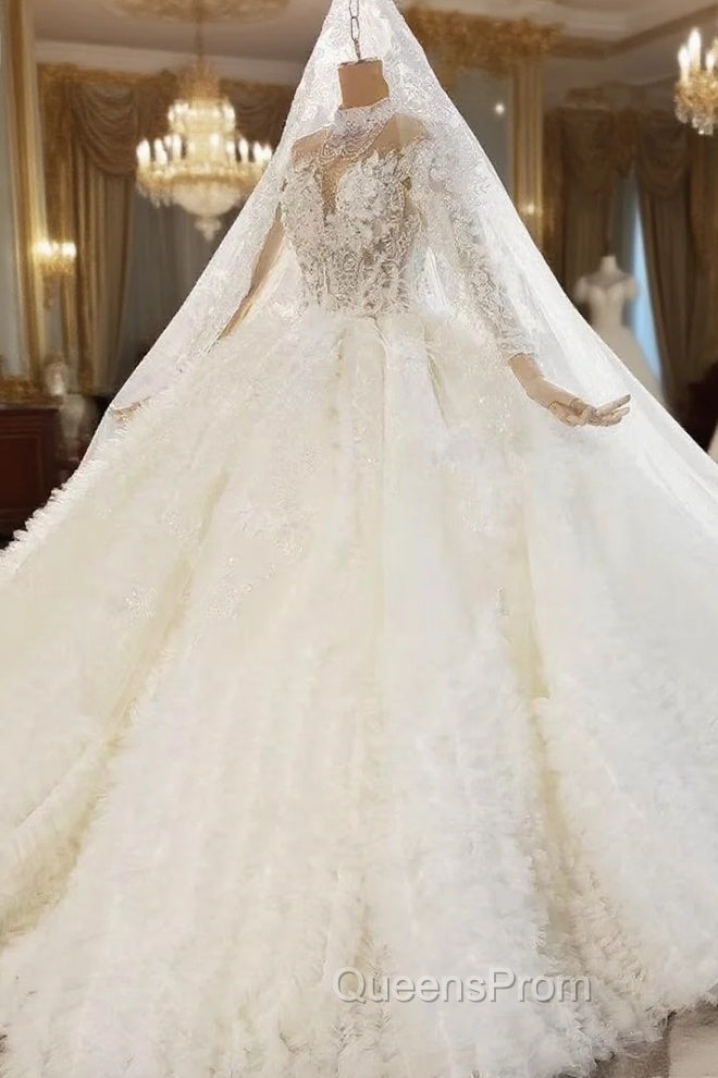 Champagne Tulle Ruffles Long Sleeve High Neck Wedding Dress Main image