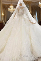 Champagne Tulle Ruffles Long Sleeve High Neck Wedding Dress