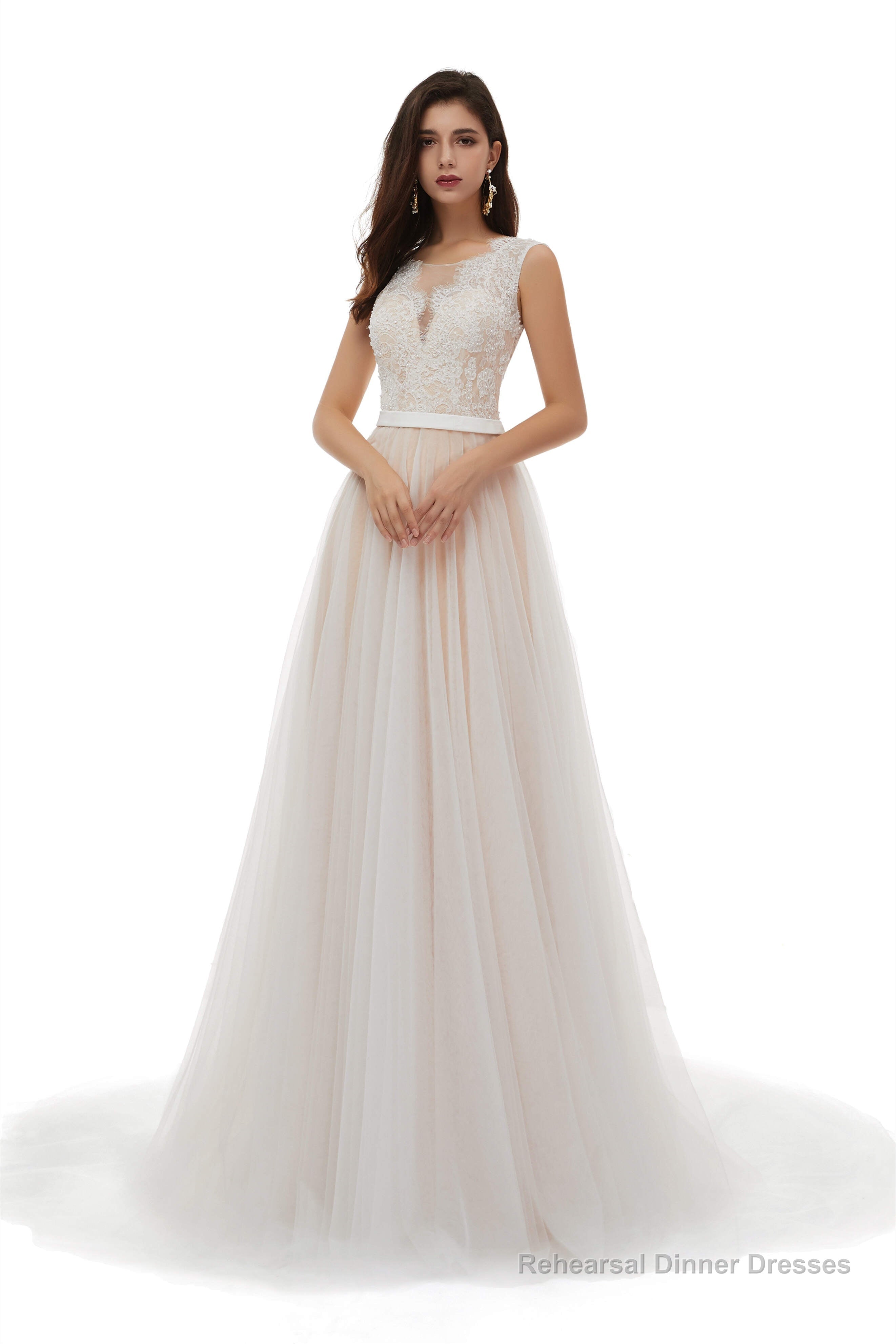 Champagne Tulle Scoop Neck Lace Appliques Beading Wedding Dresses Secondary image