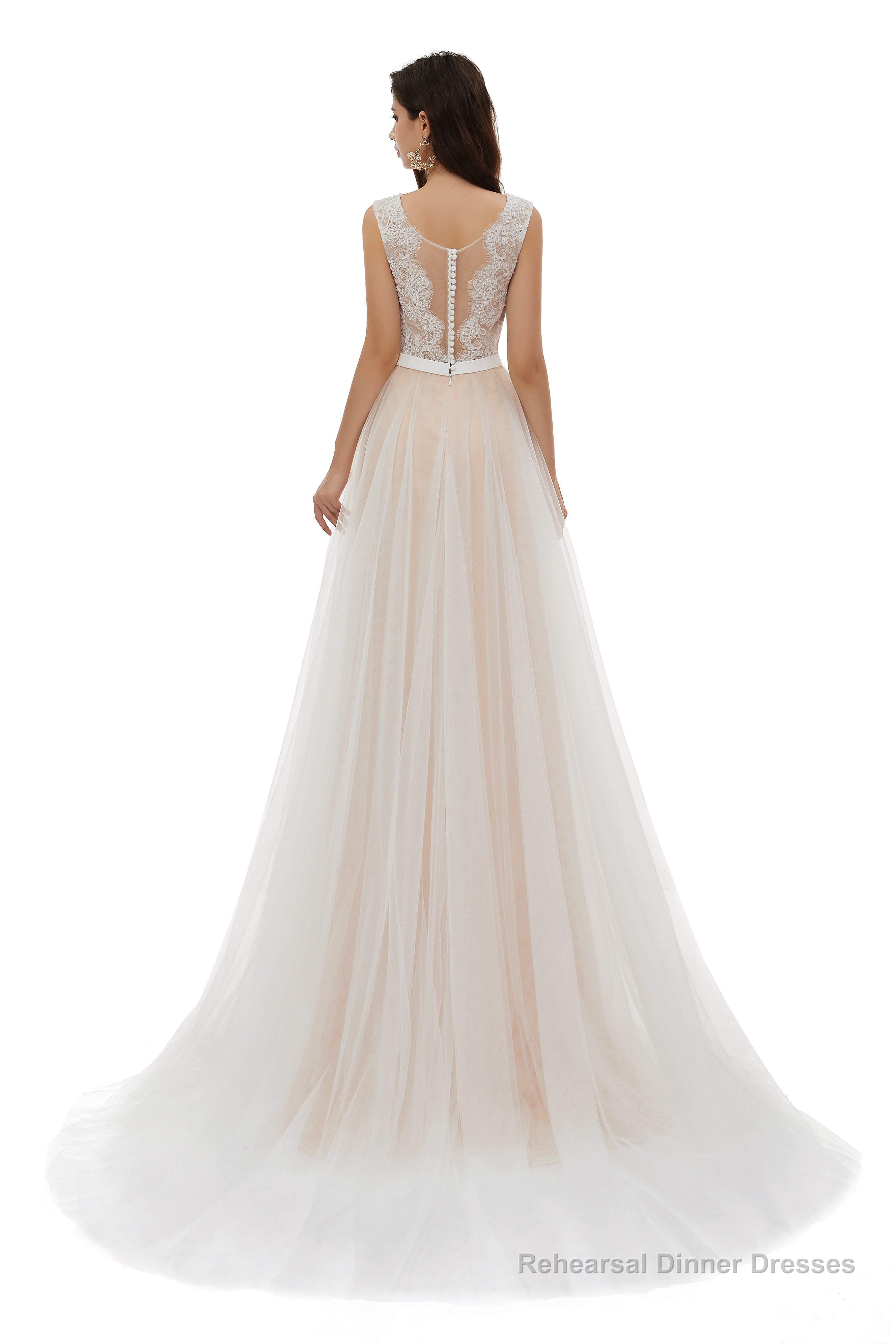 Champagne Tulle Scoop Neck Lace Appliques Beading Wedding Dresses