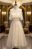Champagne Tulle Scoop Sequins Tea Length Evening Prom Dress