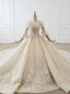 Champagne Tulle Sequins Appliques Beading Feather Puff Sleeve Wedding Dress
