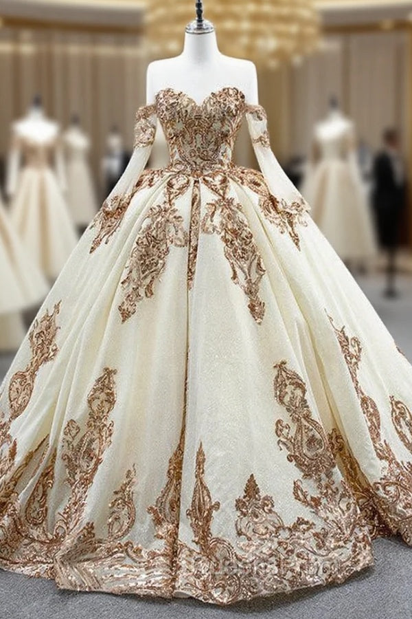 Champagne Tulle Sequins Appliques Sweetheart Evening Prom Dress