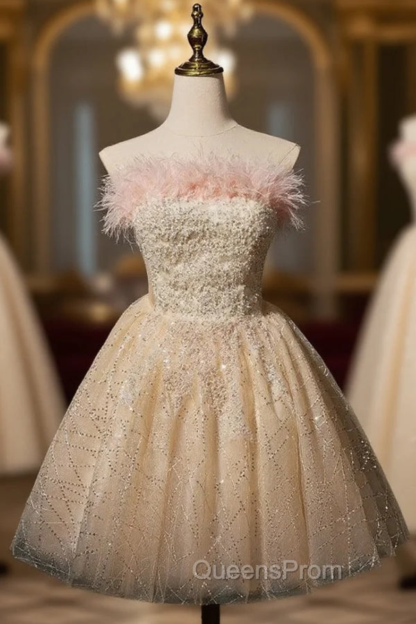 Champagne Tulle Sequins Beading Homecoming Dress