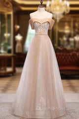Champagne Tulle Sequins Beading Off the Shoulder Evening Prom Dress