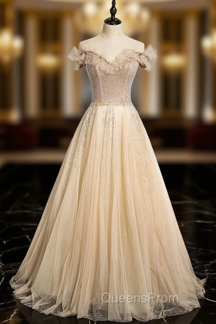 Champagne Tulle Sequins Beading Evening Prom Dress