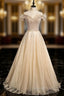 Champagne Tulle Sequins Beading Evening Prom Dress