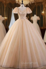 Champagne Tulle Sequins Beading Quinceanera Dress