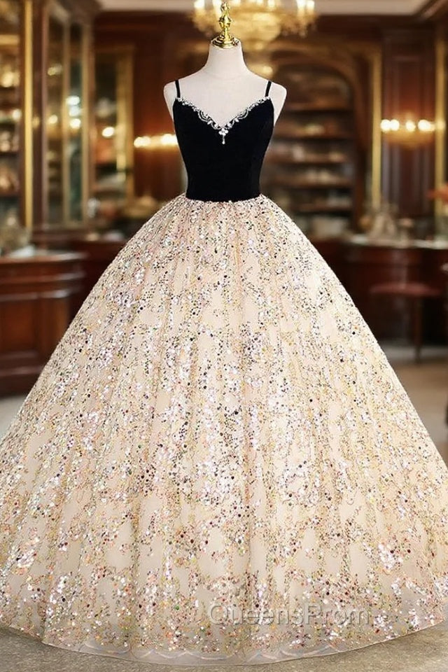 Champagne Tulle Sequins Black Velvet Crystal Quinceanera Dress