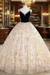 Champagne Tulle Sequins Black Velvet Crystal Quinceanera Dress