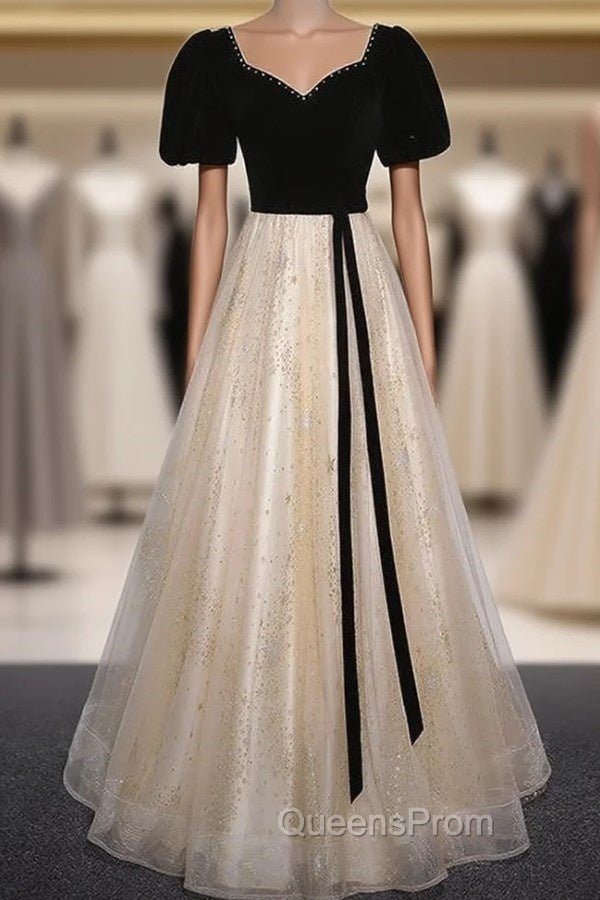 Champagne Tulle Sequins Black Velvet Short Sleeve Evening Prom Dres Main image