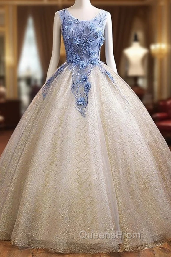 Champagne Tulle Sequins Blue Appliques Quinceanera Dress