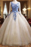 Champagne Tulle Sequins Blue Appliques Quinceanera Dress