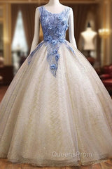 Champagne Tulle Sequins Blue Appliques Quinceanera Dress