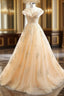 Champagne Tulle Sequins Cap Sleeve Open Back Evening Prom Dress