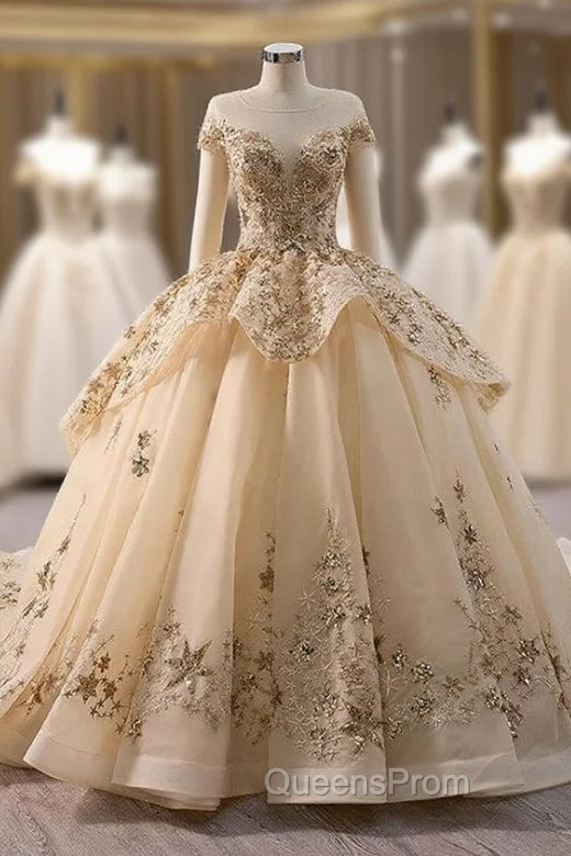 Champagne Tulle Sequins Cap Sleeve Evening Prom Dress