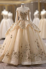 Champagne Tulle Sequins Cap Sleeve Evening Prom Dress