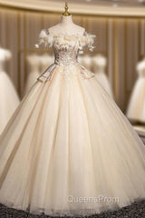 Champagne Tulle Sequins Flower Quinceanera Dress