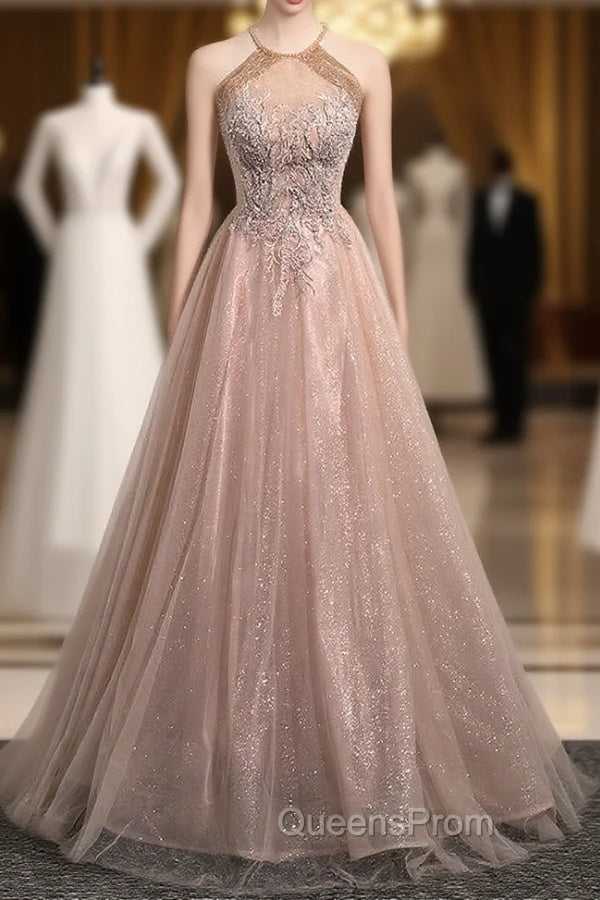 Champagne Tulle Sequins Halter Beading Evening Prom Dress