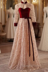 Champagne Tulle Sequins High Neck Long Sleeve Evening Prom Dress