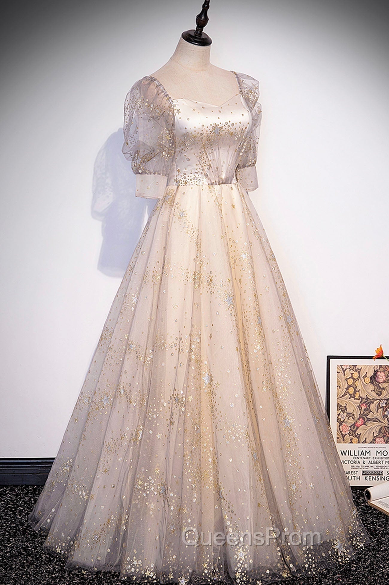 Champagne Tulle Sequins Long Evening Prom Dress, Cute 1/2 Sleeve Party Dress Secondary image