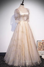 Champagne Tulle Sequins Long Evening Prom Dress, Cute 1/2 Sleeve Party Dress