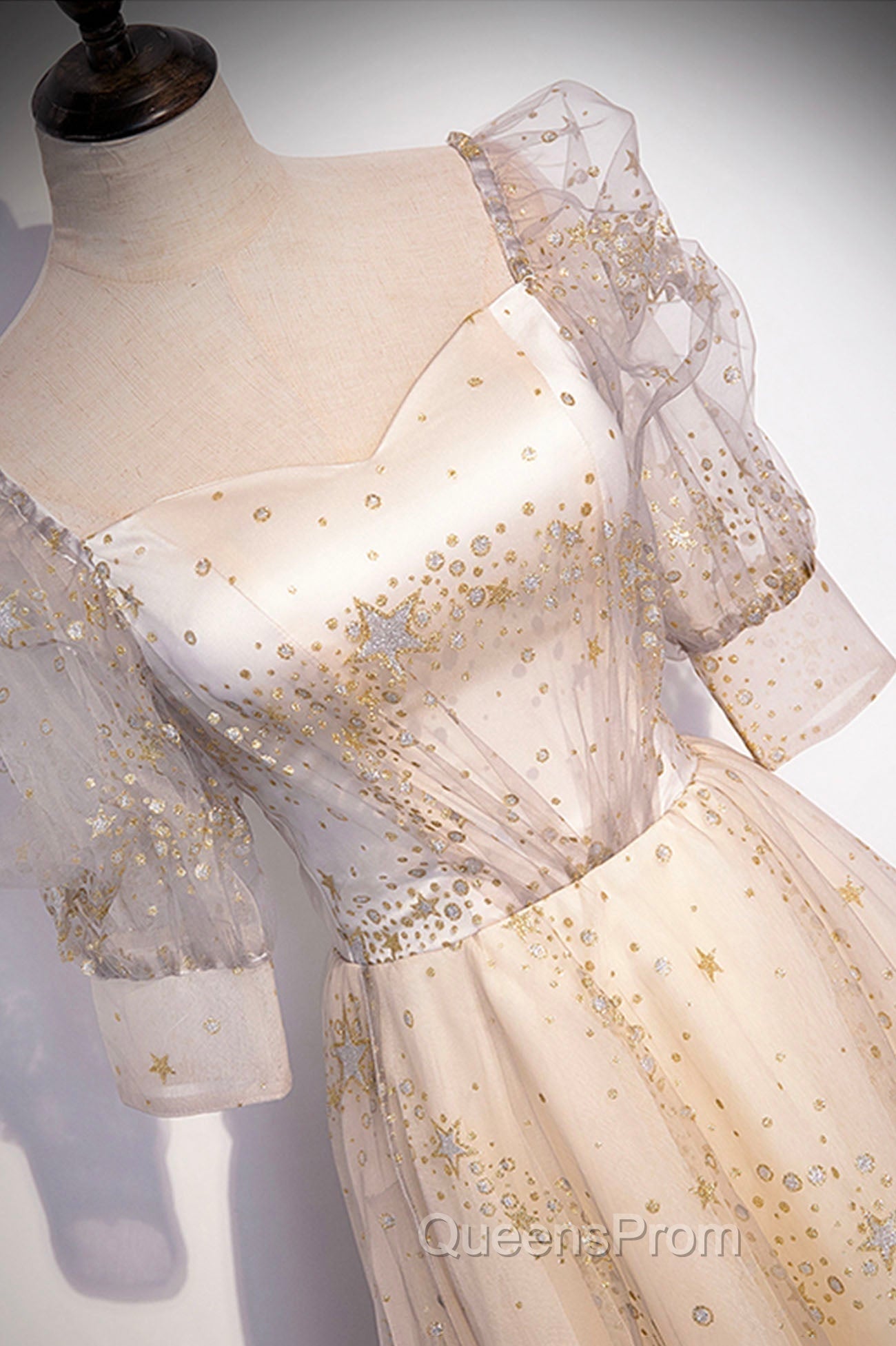 Champagne Tulle Sequins Long Evening Prom Dress, Cute 1/2 Sleeve Party Dress