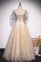 Champagne Tulle Sequins Long Evening Prom Dress, Cute 1/2 Sleeve Party Dress