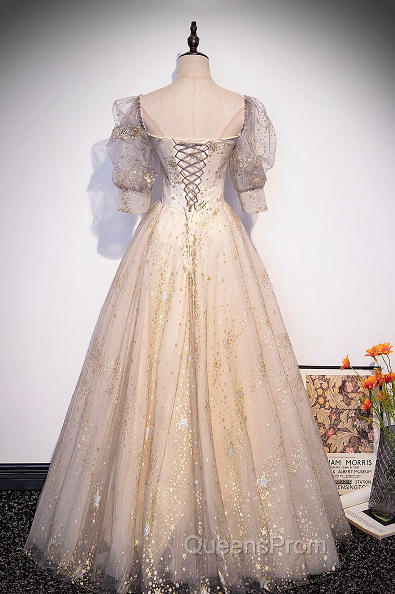 Champagne Tulle Sequins Long Evening Prom Dress, Cute 1/2 Sleeve Party Dress