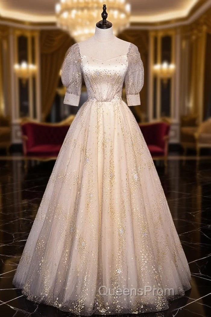 Champagne Tulle Sequins Long Evening Prom Dress, Cute 1/2 Sleeve Party Dress Main image