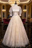 Champagne Tulle Sequins Long Evening Prom Dress, Cute 1/2 Sleeve Party Dress